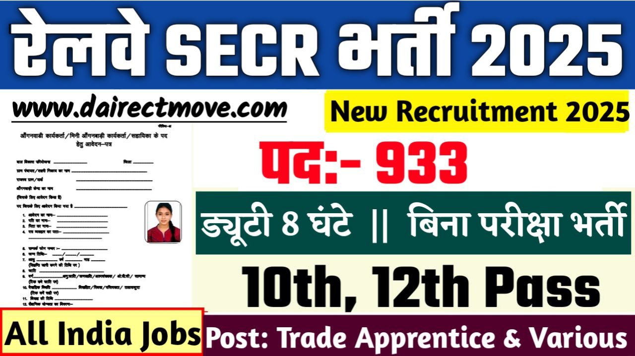 Railway SECR Apprentice रेलवे SECR नागपुर ट्रेड अपरेंटिस में 933 पदों पर भर्ती आवेदन शुरू