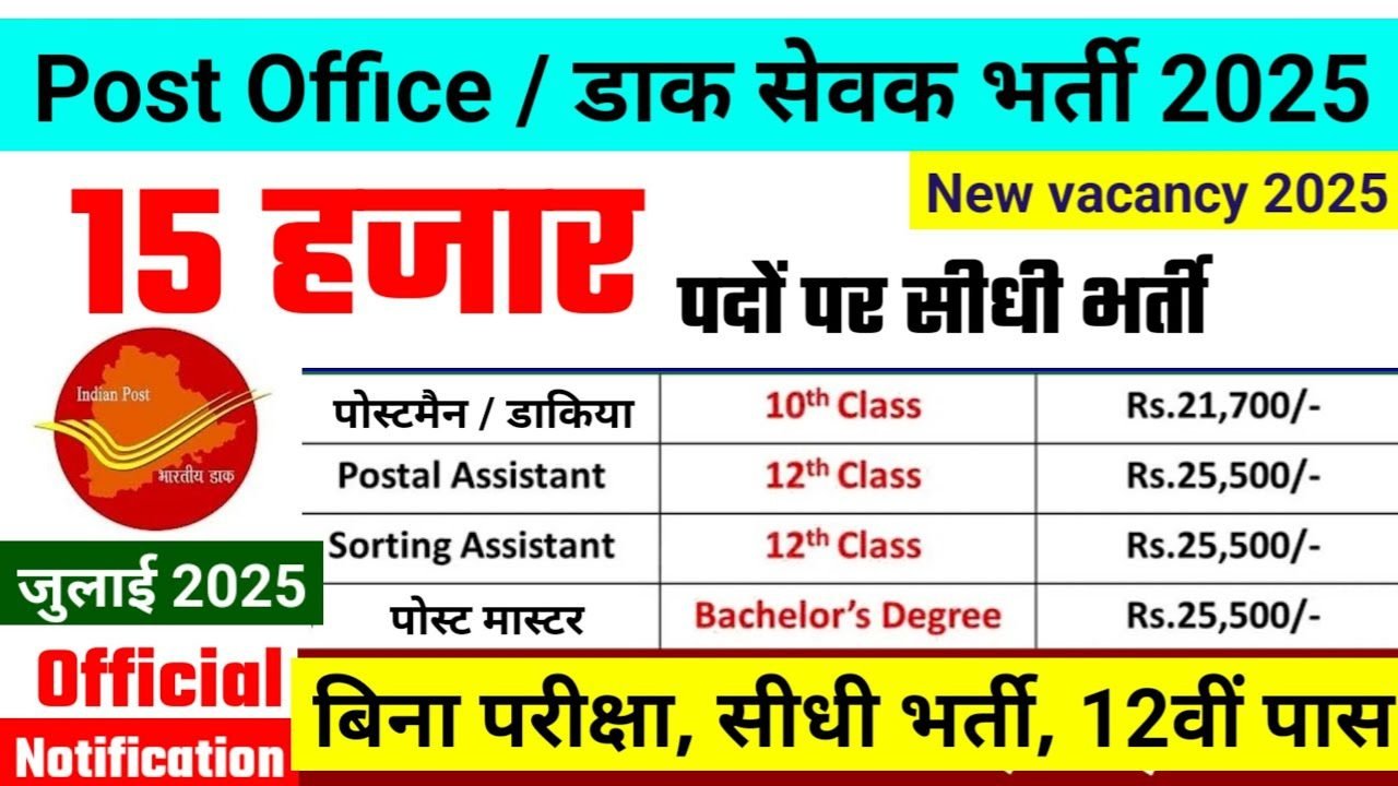 Post Office New Vacancy 2025- पोस्ट ऑफिस भर्ती में 15,475 पदों पर आई बंपर भर्ती 10वीं पास के लिए