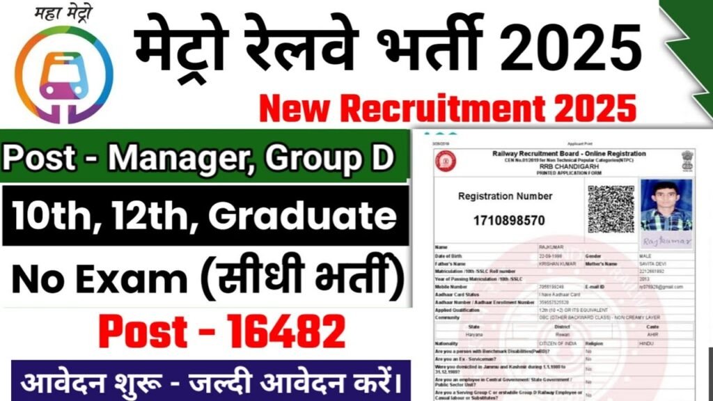 Railway Metro New Vacancy 2025- रेलवे मेट्रो में 16,482 पदों पर आई बंपर भर्ती